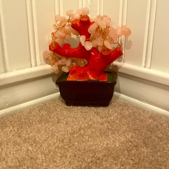 Mini Red Tree w/ Pink Pebble Leaves in a Black Plant Pot - Picture 2 of 2